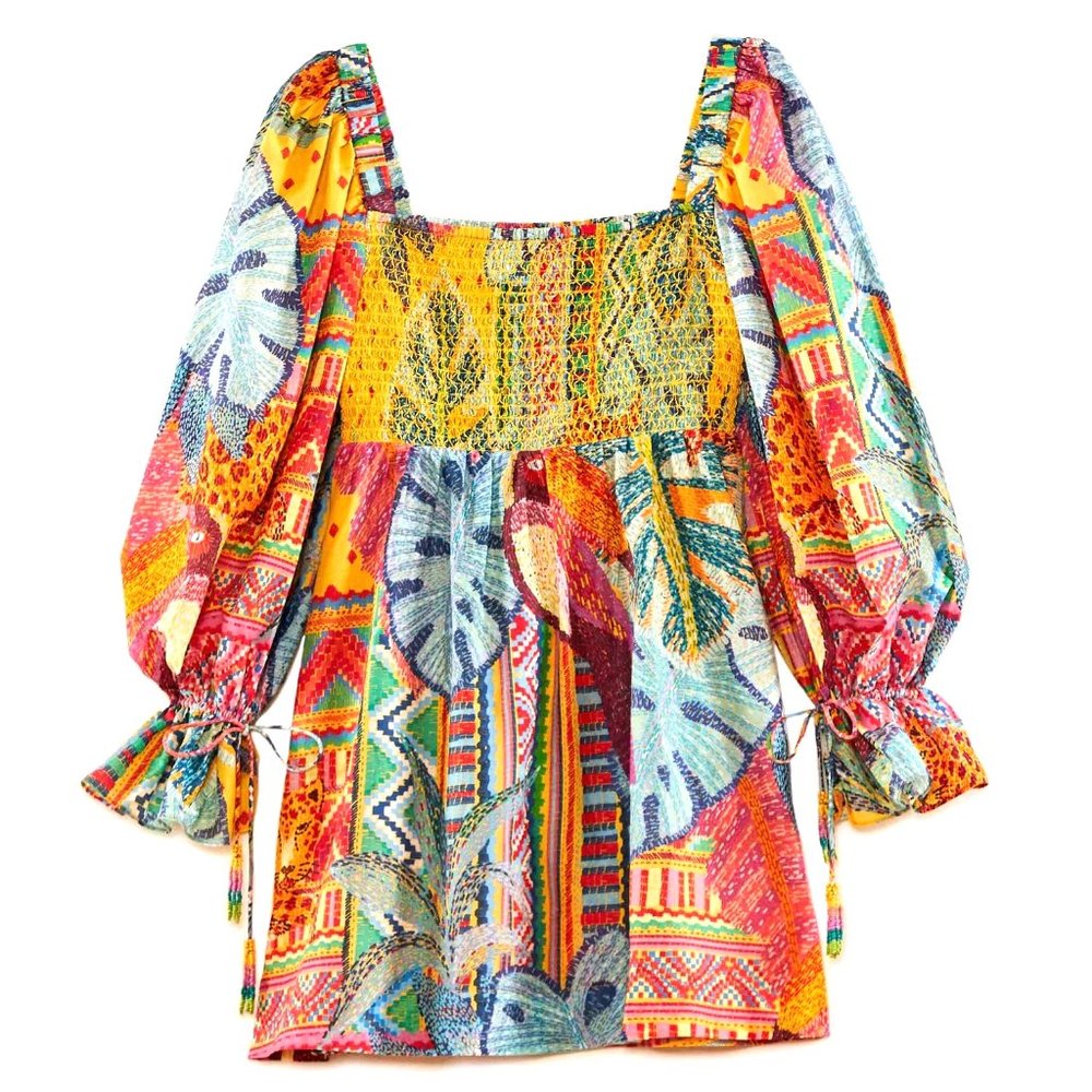 Farm Rio Summer Tapestry Smocked Minidress Artsy Tropical Cottagecore Dopamine